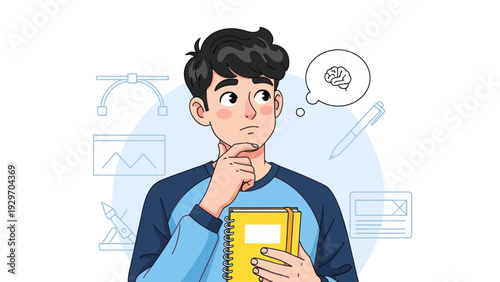 Young man contemplating design ideas with thought bubble concept