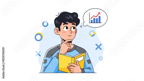 Young man contemplating financial growth chart business concept illustration