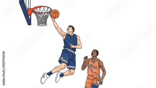 Basketball players in action dunking a ball near a basketball hoop