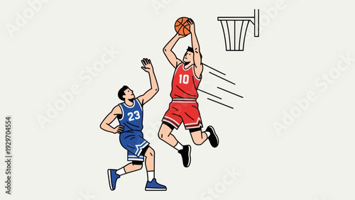 Basketball players in action dunking a ball towards the basket