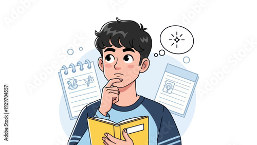 Young man pondering over book with thought bubble illustration