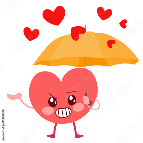 Cute heart character holding an umbrella while avoiding falling hearts symbolizing a loverboy person or  emotional protection, personal boundaries and self regulation