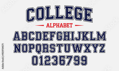 Collegiate Varsity Block Alphabet and Numbers Set with Navy Blue and White Outline for Sports Team Branding and Athletic Apparel