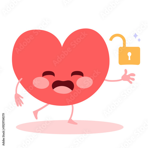 Cute heart character presenting an open lock symbolizing emotional openness, vulnerability and psychological freedom