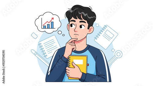 Young man contemplating financial growth chart concept illustration