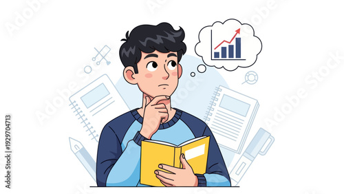 Young man contemplating financial growth with book and thought bubble
