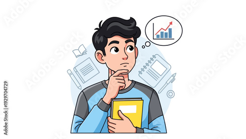 Young man contemplating financial growth with chart thought bubble illustration