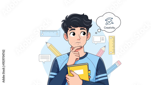 Young man pondering creative ideas with design elements and thought bubble