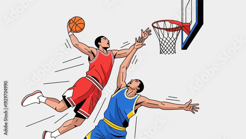 Basketball players in action dunking a ball with competitive energy