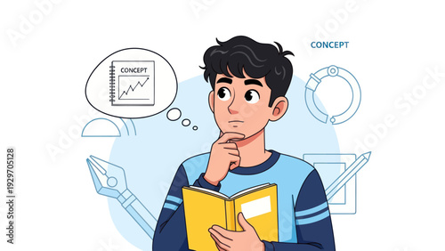 Young man contemplating ideas while holding an open book with abstract elements