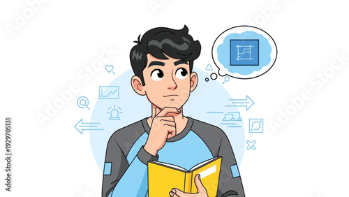 Young man pondering design concept with thought bubble and book
