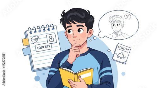 Young man contemplating ideas while holding open book and notebook