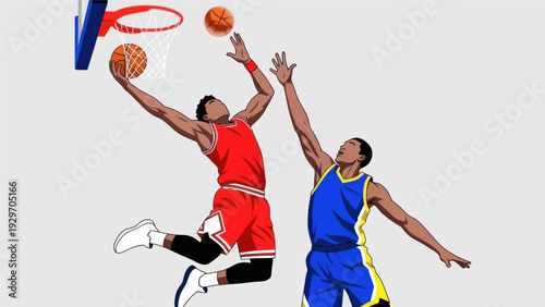 Basketball players in action dunking a ball with overhead perspective