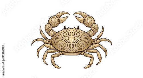 Illustration of a golden crab with swirling patterns on its body and claws, isolated on a white background.