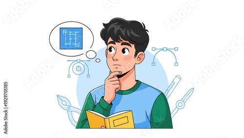 Young man pondering design concept with thought bubble and illustration