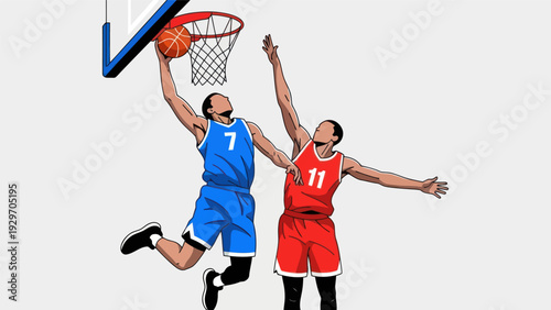 Basketball players in action dunking a ball with focused competition