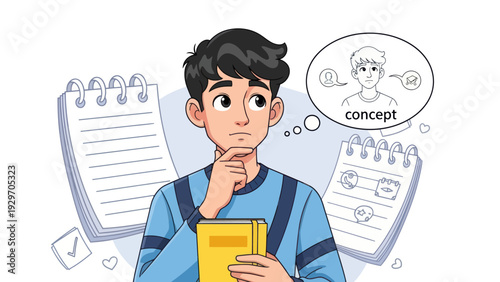 Young man contemplating ideas with notebook and thought bubble design