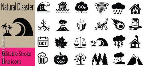Black And White Natural Disaster Icon Set Featuring Global Warming Climate Change And Environmental Catastrophe