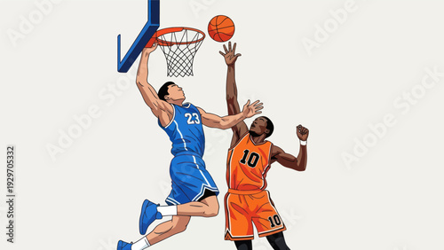 Basketball players in action dunking and blocking a shot illustration