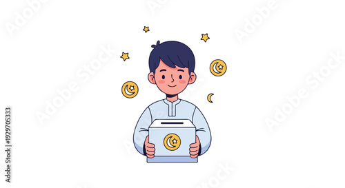Illustration of a smiling man holding a tablet with a bitcoin symbol, surrounded by floating coins and stars on a white background.