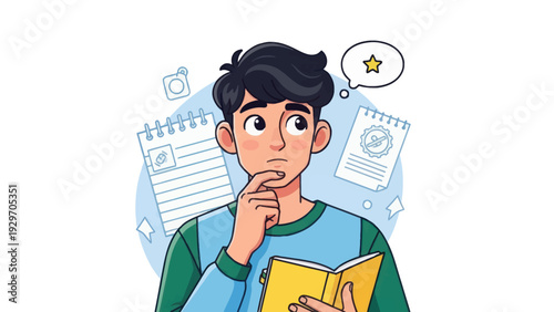 Young man contemplating ideas with notebook and thought bubble illustration