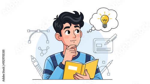 Young man contemplating ideas with thought bubble and creative tools