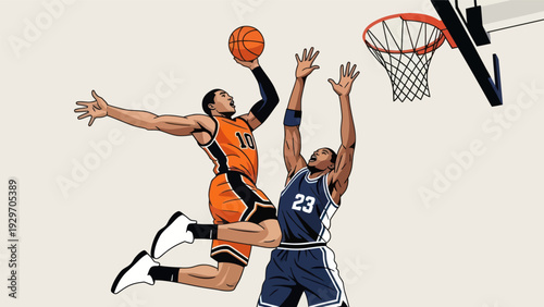 Basketball players in action dunking and blocking digital illustration