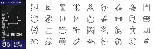 Nutrition icons set. Includes symbols of healthy food, balanced diet, vitamins, fruits, vegetables, and dietary planning. Editable stroke. Vector illustration. Outline icons. Perfect for health, welln