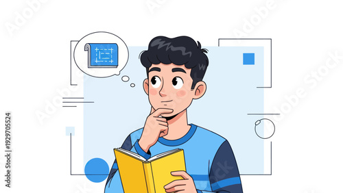 Young man pondering design plan from a book with thought bubble concept