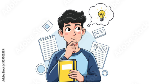 Young man contemplating ideas with thought bubble surrounded by office supplies