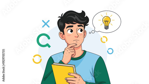 Young man contemplating new idea with lightbulb concept illustration
