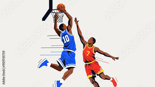 Basketball players in action dunking and blocking in a sports illustration