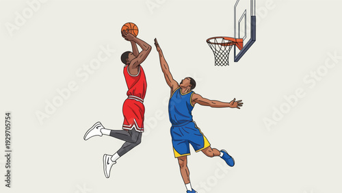 Basketball players in action dunking and blocking in a simplified illustration