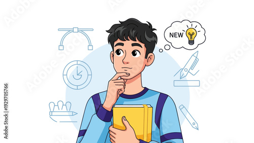 Young man contemplating new idea with lightbulb concept illustration