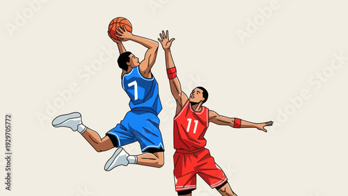 Basketball players in action dunking and blocking in a sports illustration