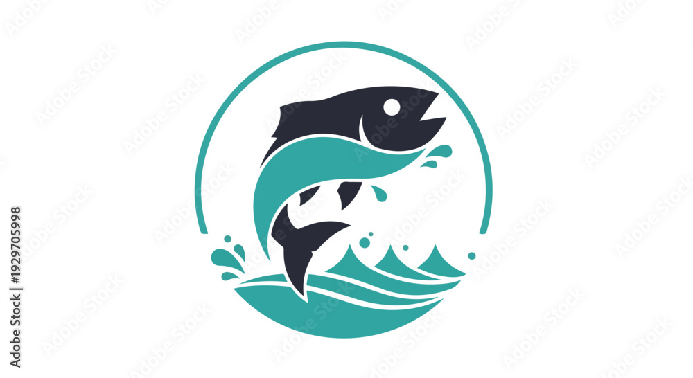 Fototapeta premium Logo of two fish jumping out of turquoise wave in a circle on white background with a modern graphic design style.