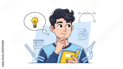 Young man contemplating new ideas with thought bubble and creative tools