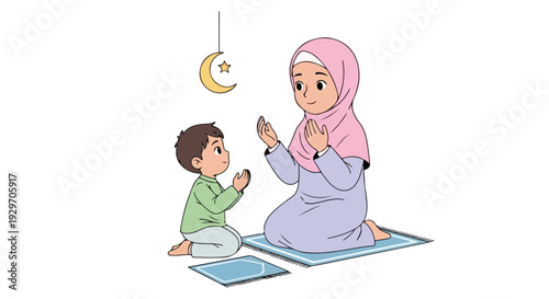 Illustration of a Muslim woman and a young boy praying together on mats with a crescent moon hanging above them on a white background.