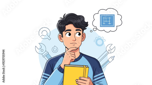 Young man contemplating project plan with tools around illustration