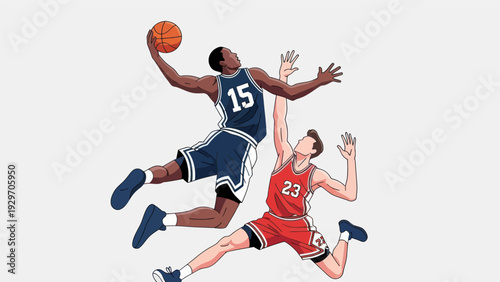 Basketball players in action dunking and blocking vector illustration