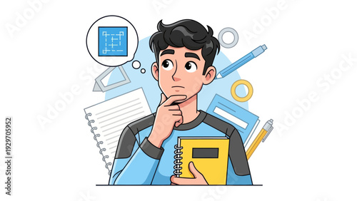 Young man contemplating project plan with design elements illustration
