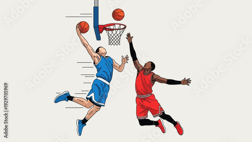 Basketball players in action dunking and blocking vector illustration