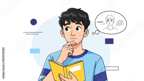 Young man contemplating thought bubble while holding a book isolated illustration