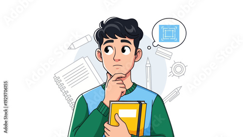 Young man contemplating with a thought bubble concept illustration