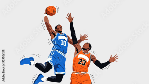 Basketball players in action dunking and blocking vector illustration