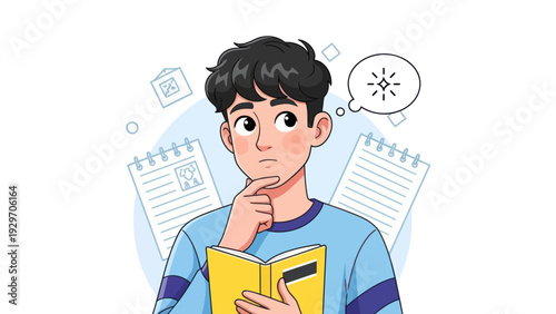 Young man contemplating with a thought bubble and open book illustration