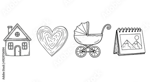Line drawing illustrations of a house, heart, baby stroller and calendar on a white background.