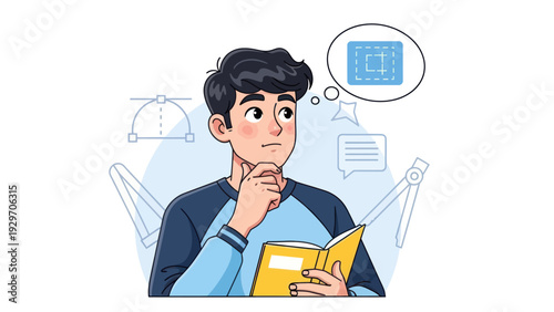 Young man contemplating with book and design elements creative concept