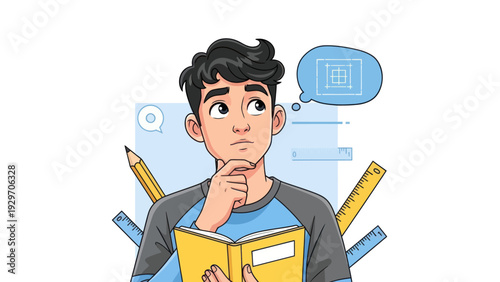 Young man contemplating with book and design thoughts illustration vector