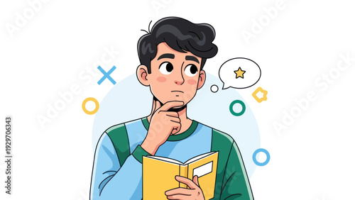 Young man contemplating with book and thought bubble illustration on white